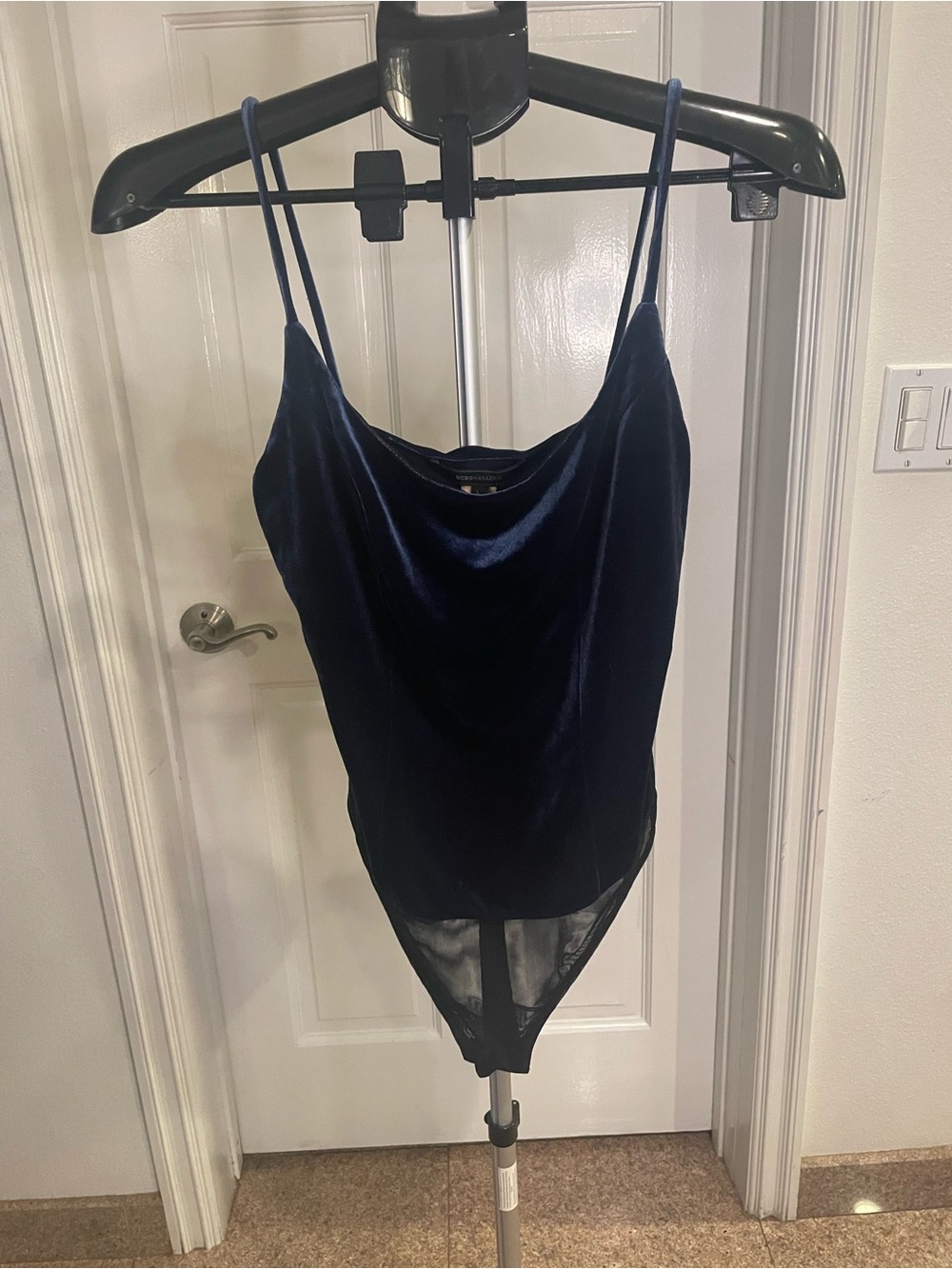 BCBGMaxAzria Navy Satin-Trim Round Neck Bodysuit